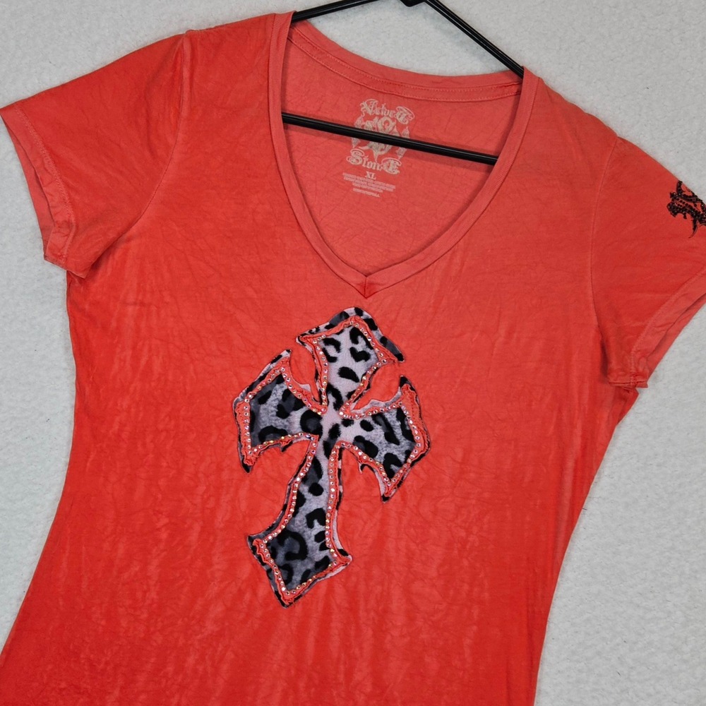 Velvet & Stone XL Coral Leopard Cross Rhinestone V-Neck Graphic Tee McBling Y2K